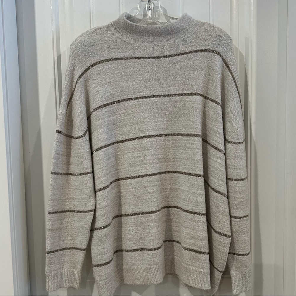 Sparkly Beige Gold Striped High Neck Sweater 2XL